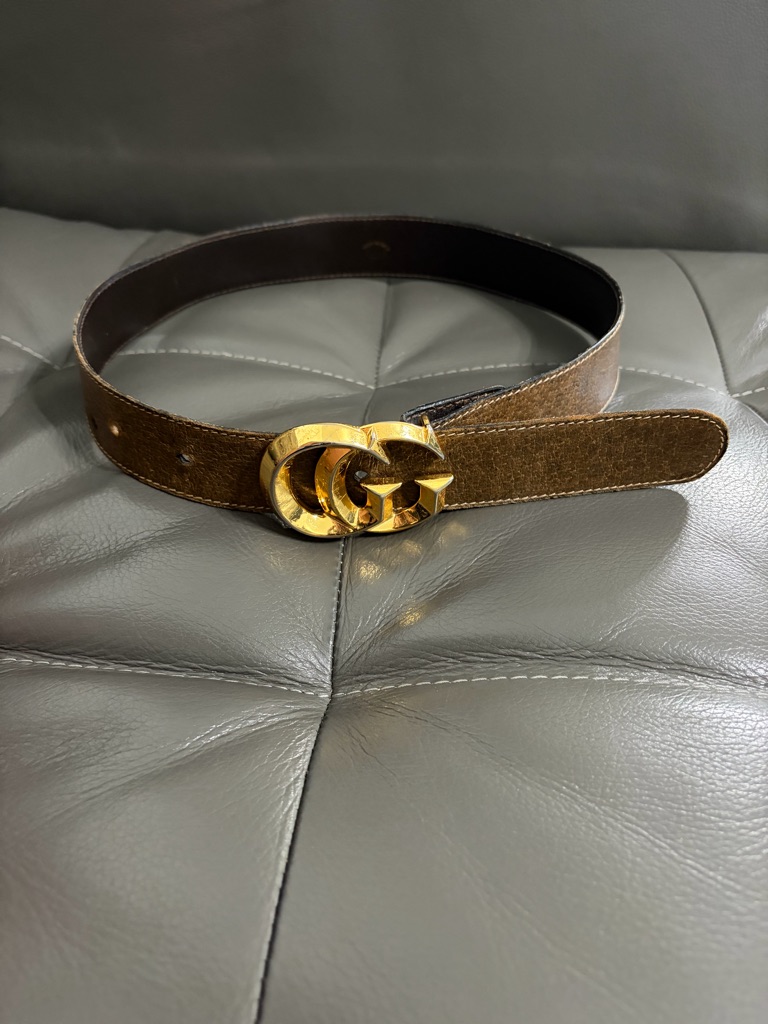 Gucci Vintage Distressed Effect Brown Leather Belt Gold Double G Buckle Sz 65/26
